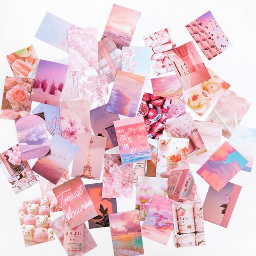 Mini pegatina de paisaje estético, pegatinas de papel con revestimiento para decoración de diario artístico, suministros de papelería Kawaii, 50 Uds.: A