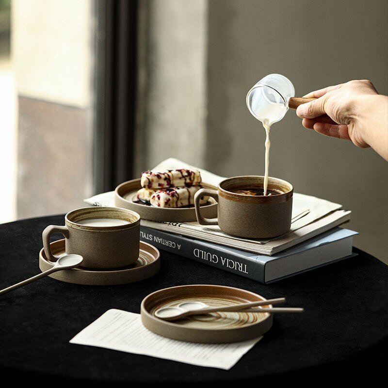 Handmade Retro Pottery Coffee Cup Set Ceramic Cups with Dish Milk Water Mug Breakfast Mugs Coffee Mugs Home Tableware