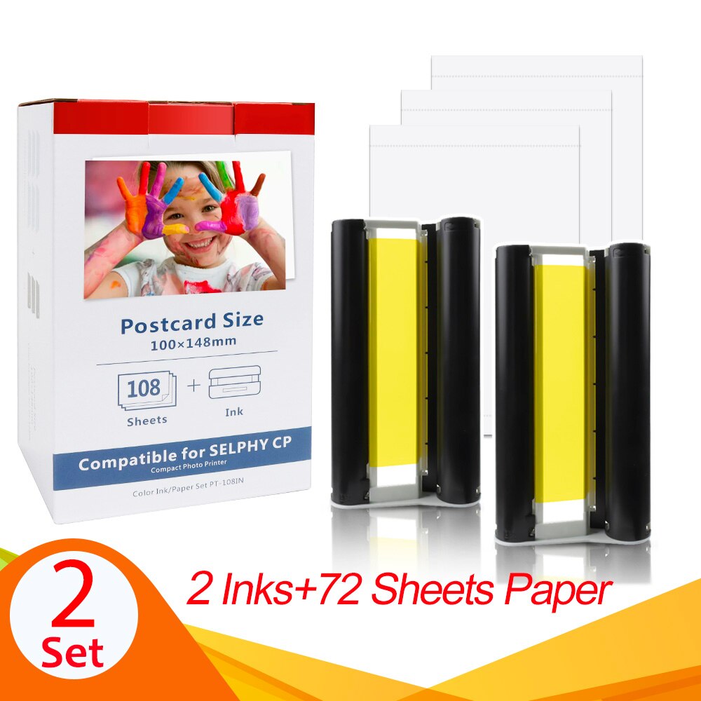 6 Inch KP 108IN KP-36IN Ink Paper Set For Canon Selphy CP1300 Ink Cartridge For Canon Selphy CP1200 CP910 CP900 Photo Printer: 2 ink 72 Papers