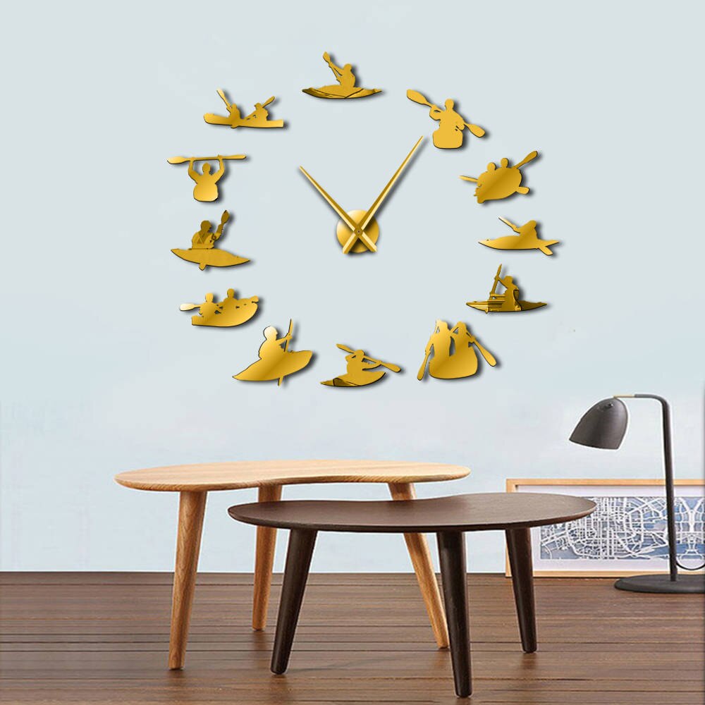 Canoa Rafting deportes acuáticos kayak DIY Reloj de pared grande con efecto espejo Kayakers gigante sin marco reloj de agujas grandes