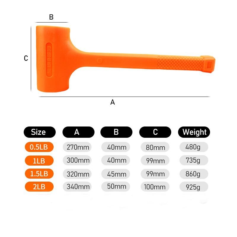 GloryStar 0.5-2LB Dead Blow Mallet Orange Soft Rubber Unicast Hammer