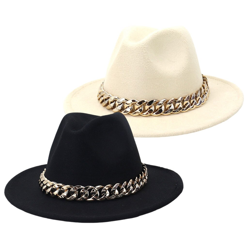 Wide Brim Fedora Hat with Gold Chain Wide Brim Thick Panama Classic British One Size for Women Travel Gentleman Ladies