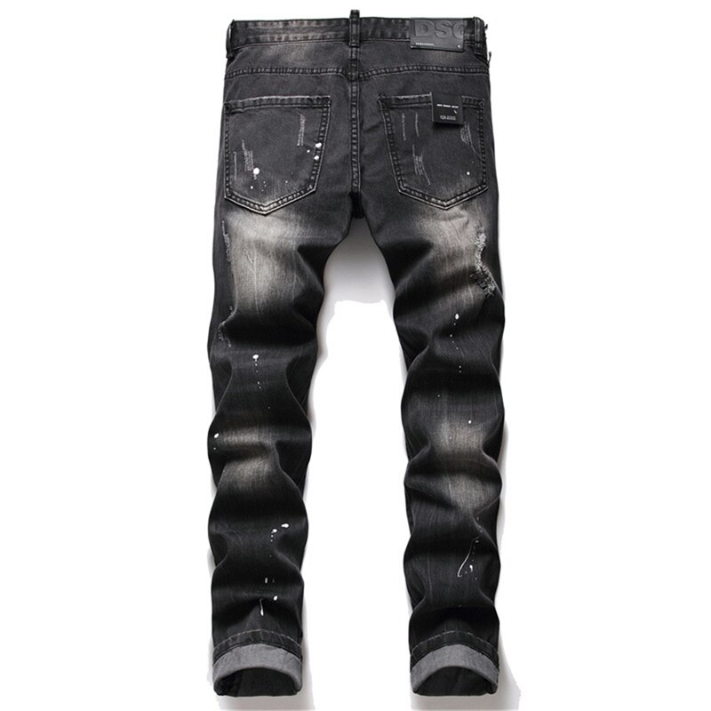 Pantalones vaqueros rasgados negros para hombre, ropa de calle de para hombre, vaqueros rectos con agujeros, de dibujo grafiti, informales, ajustados, NZ108