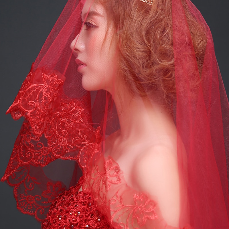 Velos de boda rojos, velo de novia con borde de encaje, accesorios para el cabello, decoración para de boda, 1,5/3/5M