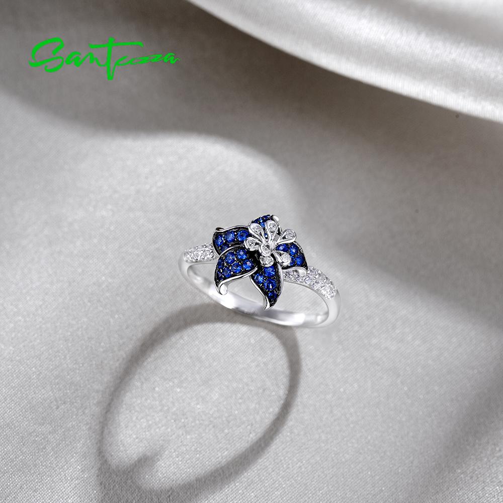 SANTUZZA Silver Ring For Women 925 Sterling Silver Blooming Flower Blue Pink White Cubic Zirconia anillos Party Fine Jewelry