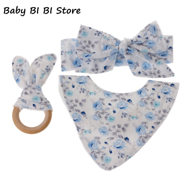 3 Pcs Baby Kaninchen Ohren Baumwolle Mischung + Holz Beißring Baumwolle Lätzchen Stirnband Infant Speichel Handtuch Pflege Set Fütterung Bib