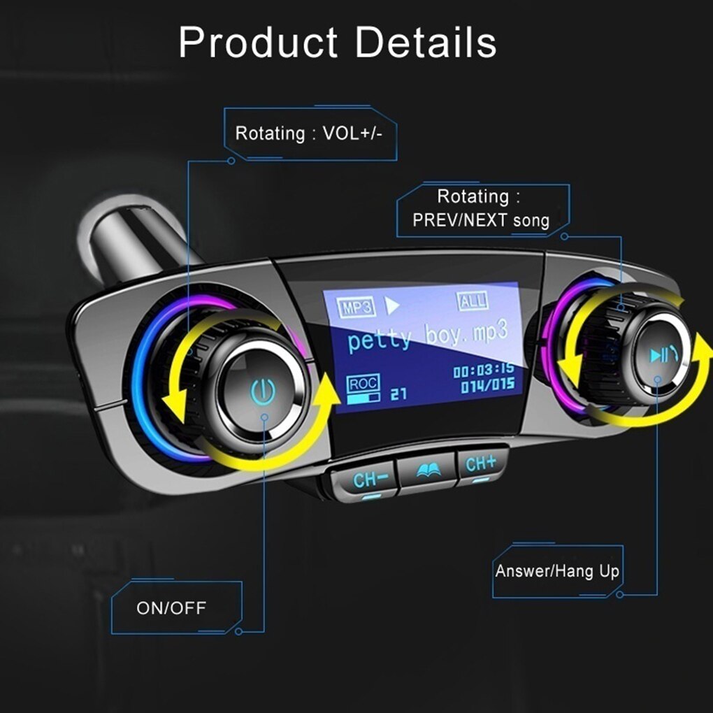 Car 1.3 Inches LCD Screen MP3 Player Bluetooth Handsfree Speaker 2 USB Port Charger EQ Control
