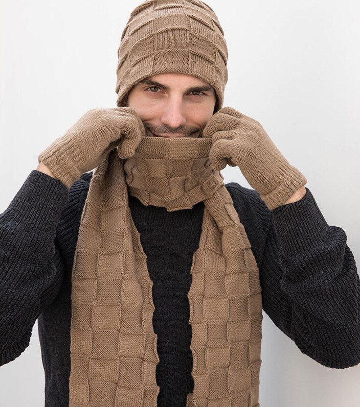 Beanies hue tørklæde handsker sæt 3 stk vinter strikket tyk varm hue kvinder mænd solid retro hue hat soft touch screen handsker: 2 stk khaki