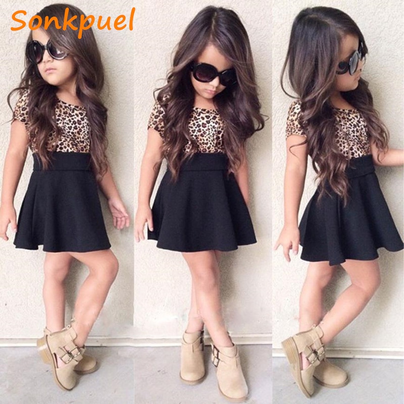 sommer Mädchen Kleider Kinder Elegante Leopard Print Prinzessin Kleid Mädchen Kurzarm Kleid 2 3 4 6 7 8 jahre Kinder Kleidung