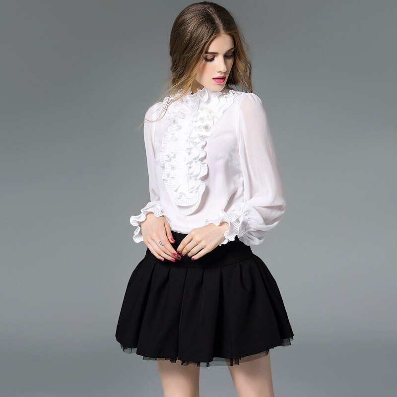 Haut de gamme automne nouvelle femmes Satin soie Blouse chemise décontracté à volants col pli pulls réel soie Blouses hauts