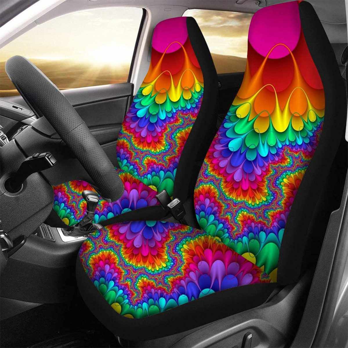 2pcs Front Car Seat Cover Automobiles Seat Covers Protector Cushion Fabric Cases Rainbow Universal For Sedan SUV Truck Auto