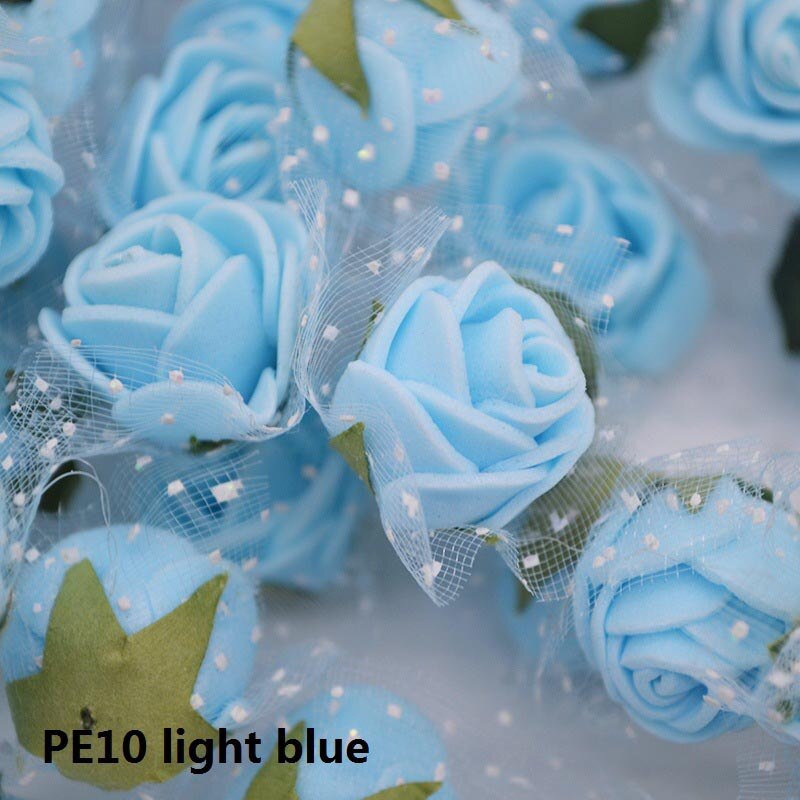 50 st 2cm mini pe skum rosor konstgjorda siden blomhuvuden handgjorda diy krans bröllop födelsedag hem inredning box tillbehör: Pe10 ljusblå