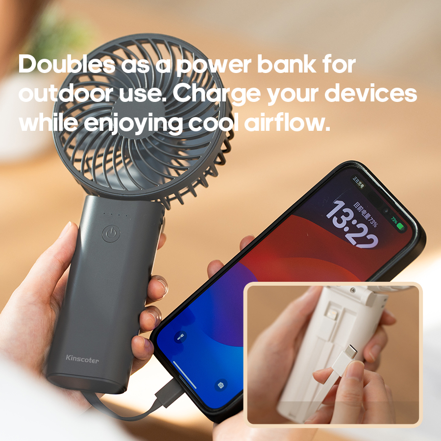 ventilador de mano multifuncional, ventilador eléctrico de refrigeración recargable de 5200mAh, ventilador de escritorio plegable de 4 velocidades con banco de energía de doble cable