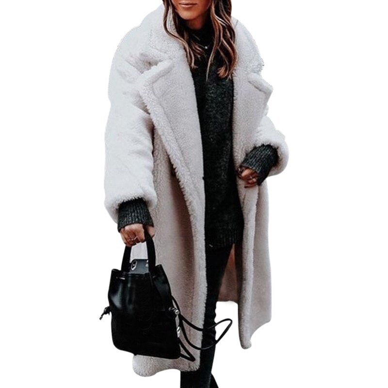 duxyoz Faux Fur Jas Vrouwen Winterjassen Casual Revers Lange Mouw Overjas Warme Faux Jas Jas Luxe Dikker Fuzzy Lange Shaggy Jas Open Front Pluizige Vest Plus Size Harige Jas, 01 Wit, L