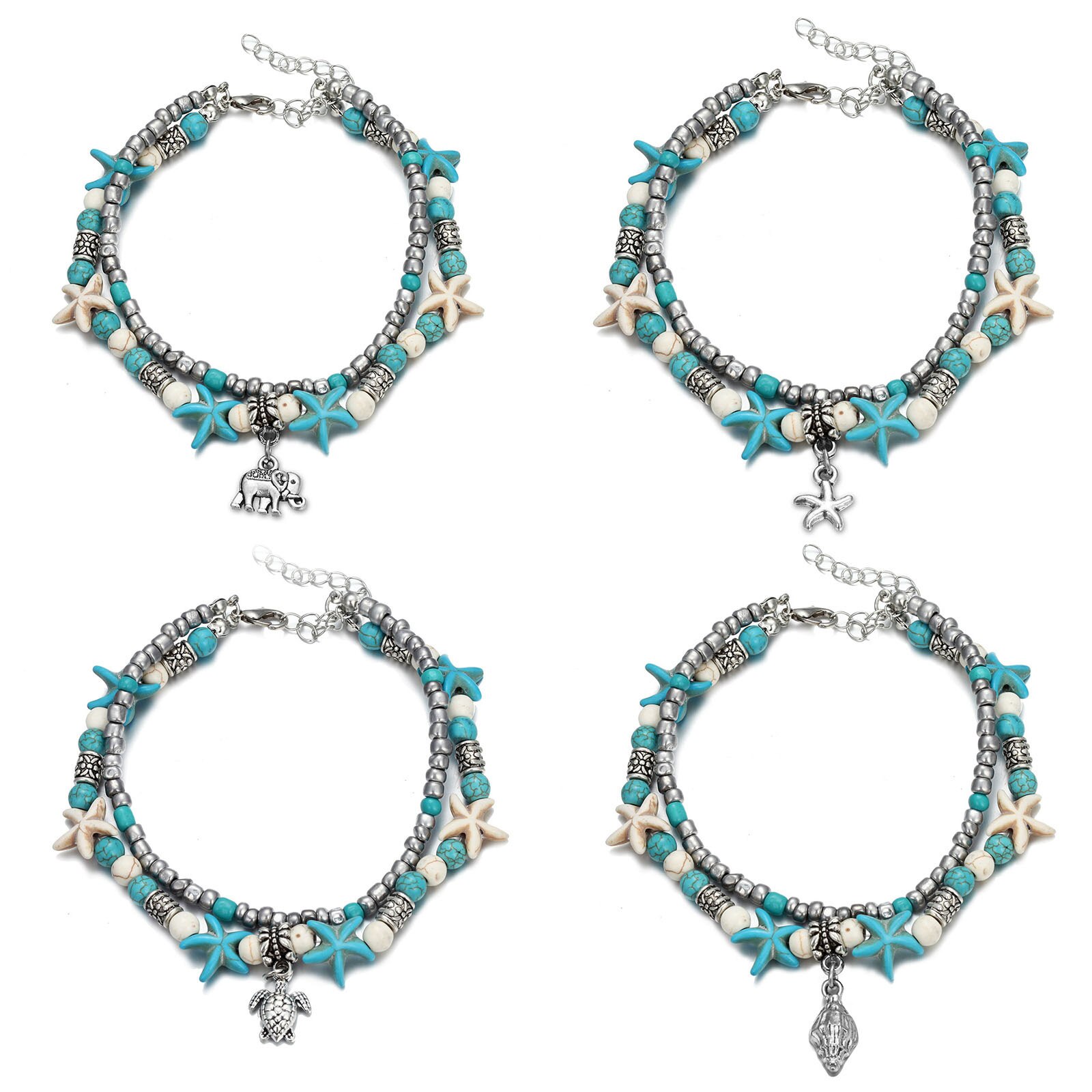 Bohemian Zilver Kleur Rijst Kralen Blauwe Zeester Enkelbanden Voor Vrouwen Strand Enkelbandje Been Armband Foot Chain Boho Sieraden Sandalen