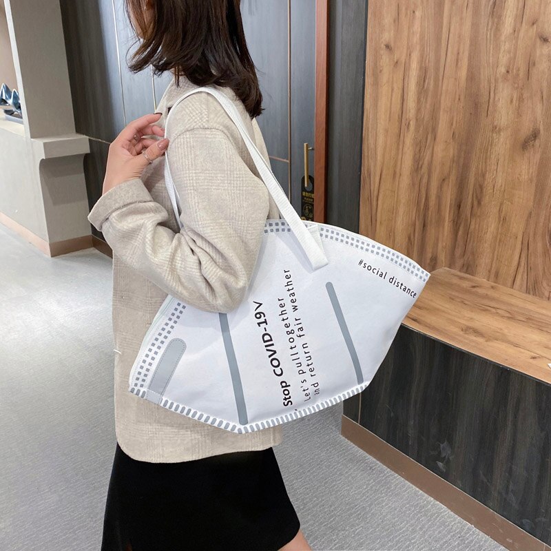 Capacity Handbags Large Casual Women Canvas Tote Bags Hobos Mask Shoulder Bags Female Trendy Ladies Shopper Bag: White