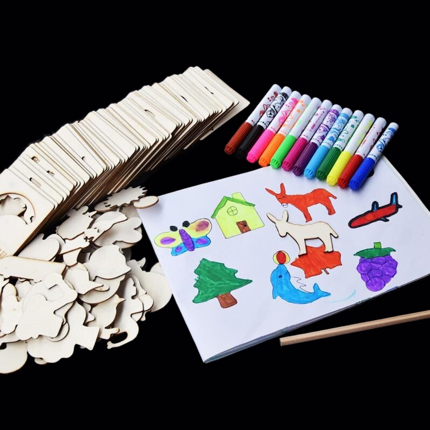 120 pièces peinture coloré pochoir Kit ensemble avec brosse copeaux de bois pochoirs référence dessin crayon école modèle aléatoire jouets