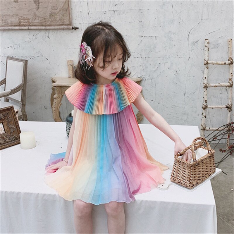 Summer Girls Pleated Dress Kids Rainbow Dresses Girl Dress
