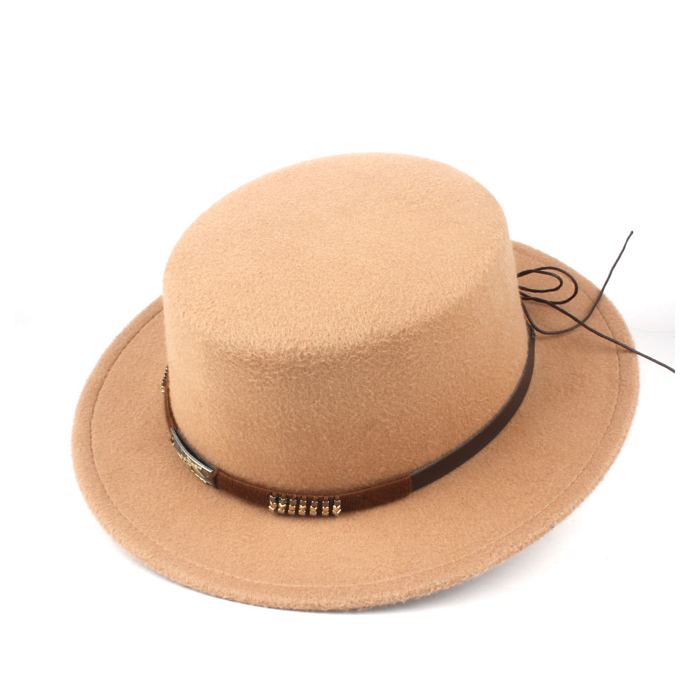 Unisex Men Women Flat Top Hat With Belt Retro Fedora Hat Wide Brim Hat Jazz Hat Size 56-58CM: Khaki