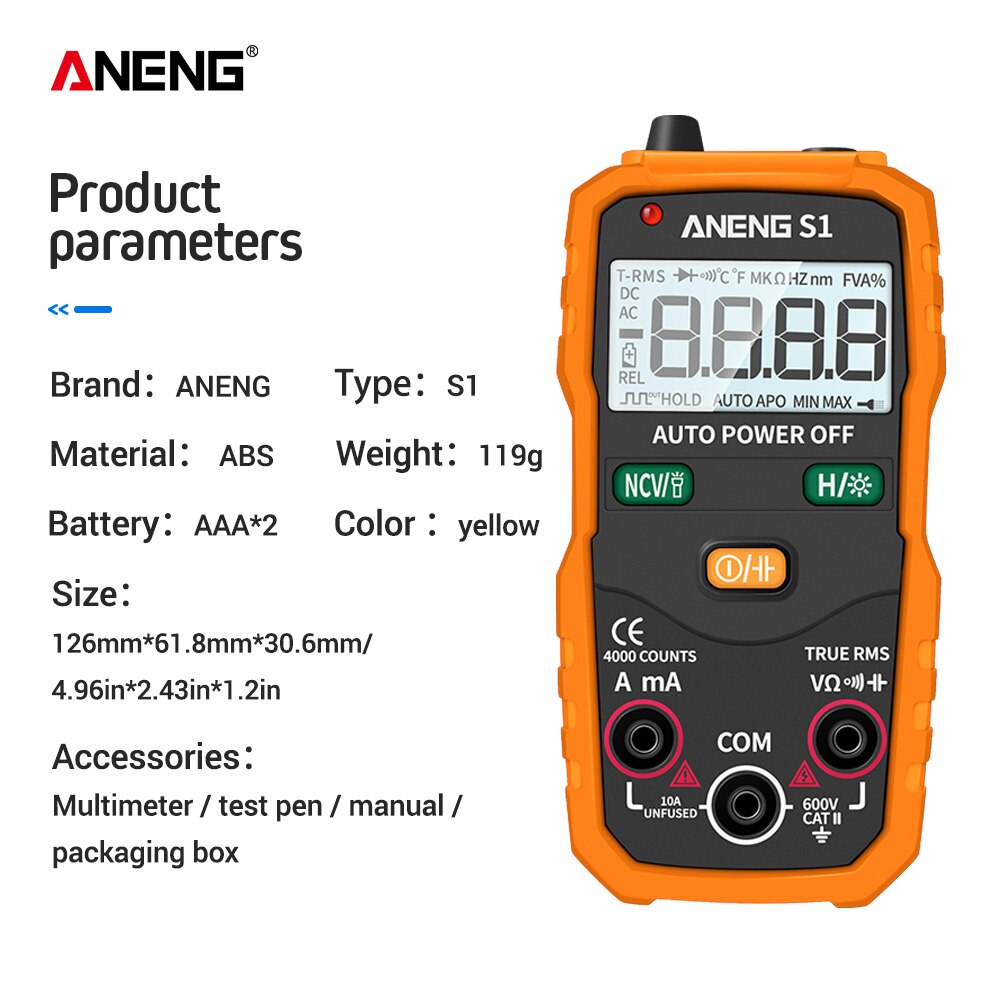 Aneng  s1 4000 teller digital ac/dc spenning strøm multimeter sann rms auto rekkevidde lcd automatisk multimetro tester