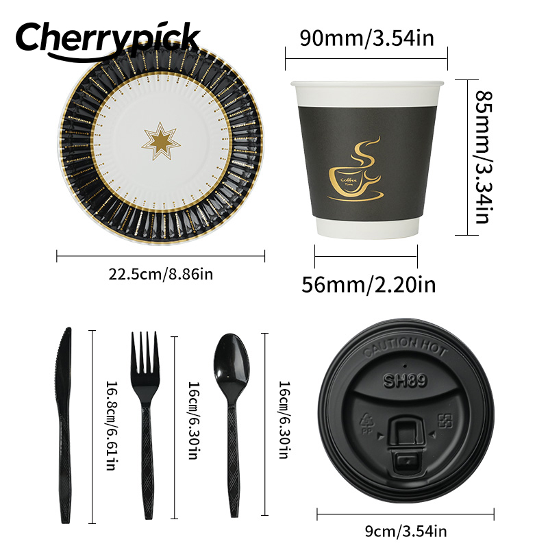 10pcs Black Gold Disposable Tableware Paper Plates Cup Black Forks Spoons Knifes Dinner Plates Birthday Wedding Party Tableware