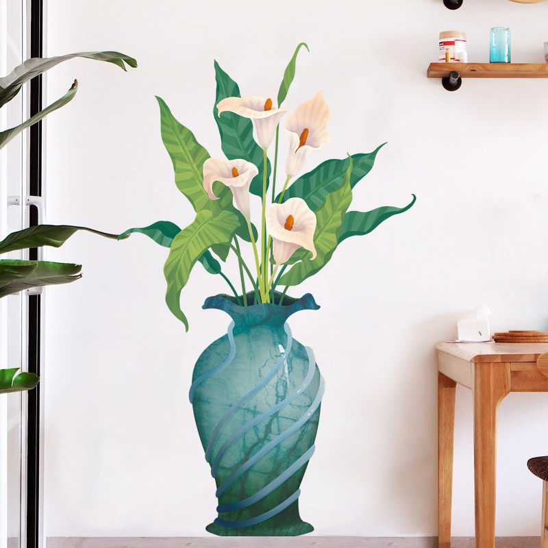 Diy wallstickers hjemmeinnredning calla lily potte blomsterpotte kjøkken vindu glass bad stue dekaler vanntett