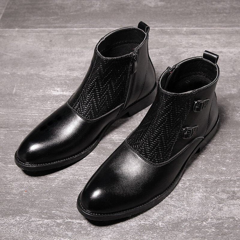 Dragkedja ankelstövlar metallspänne chelsea boots herr spetsiga tå plattor halkfria slitstarka cusual läderskor