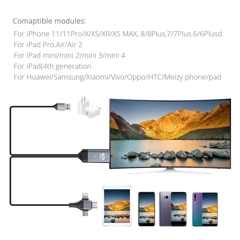 2K @ 60Hz 3 in 1 Mikro USB Typ C Blitz Zu HDMI-kompatibel Adapter Kabel für IPhone Android Telefon Bildschirm Auf TV Monitor