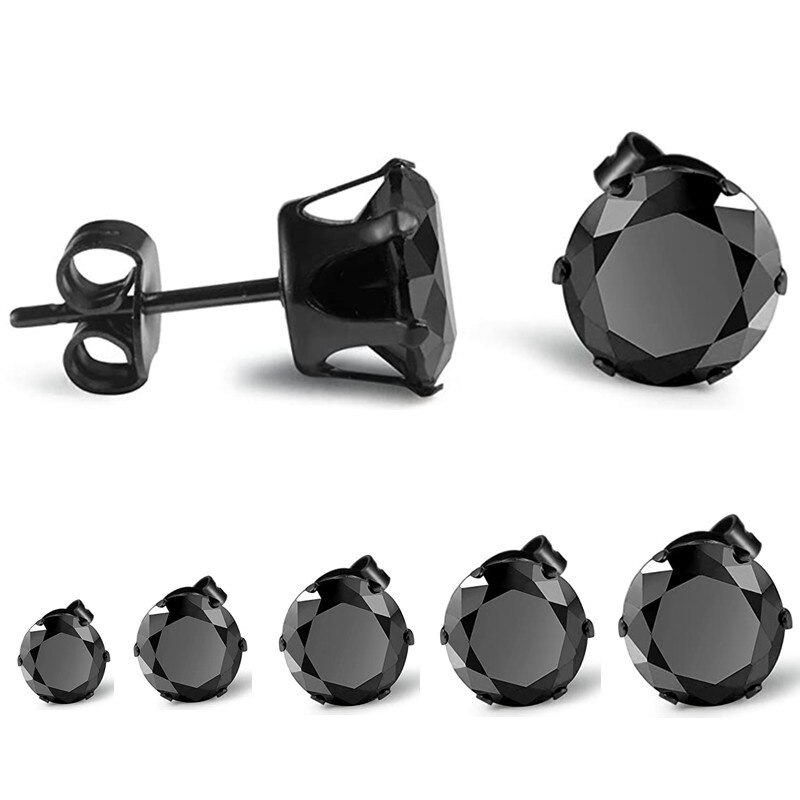 1 Paar 3/4/5/6/7/8Mm Crystal Stud Earring Voor Mannen Vrouwen rvs Cz Zirkoon Oor Piercing Stud Earring Voor Jongen Meisjes Sieraden: Black / 8mm