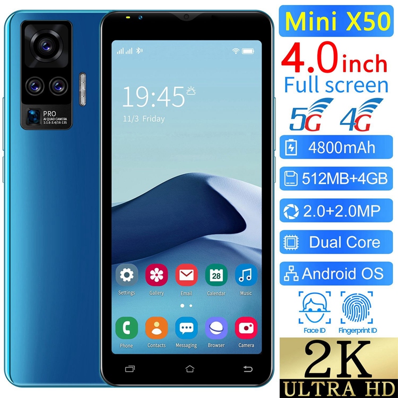 Mini X50 Smartphone 4.0-inch MTK6763 Dual Core 512MB+4G RAM 2MP Dual Card Dual Standby Android4.4.2 Phone EU Plug