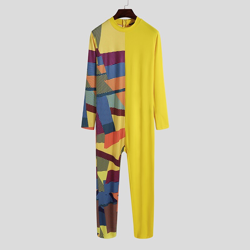 Incerun Mannen Pyjama Jumpsuit Homewear Patchwork O Hals Lange Mouwen Leisure Rompertjes Zipper Skinny Gezellige Overalls Nachtkleding S-5XL: Yellow / L