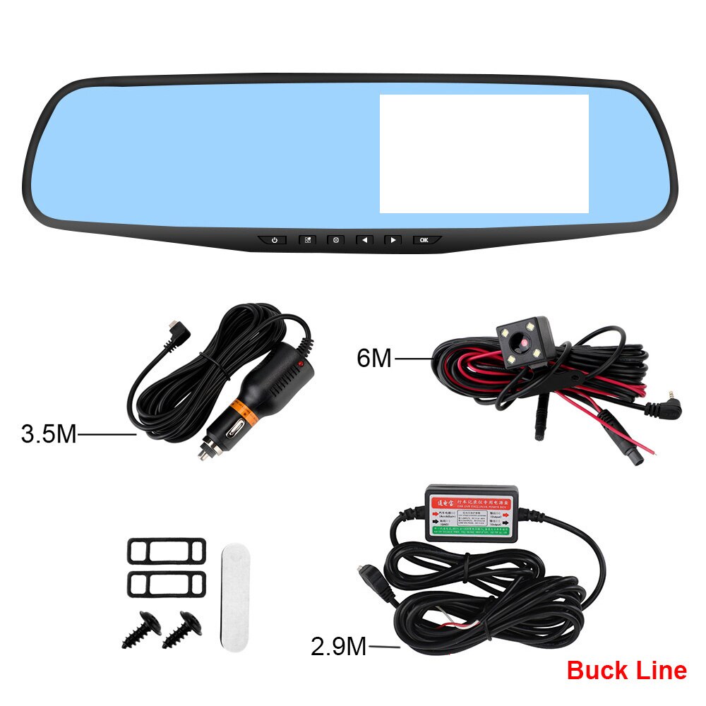 Leepee Auto Registrator Achteruitkijkspiegel Camera Dual Lens 4.3 Inch Dash Cam Omkeren Afbeelding Auto Dvr Dashcam Video Recorder: blue 6m Buck Line / 16G