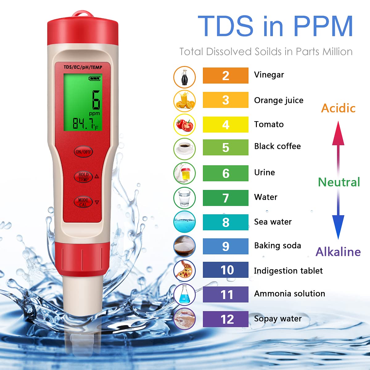 3/4/5/7 In 1 7 In 1 Ph/Tds/Ec/Orp/Zoutgehalte/S. G/Temperatuur Meter C-600 Water Quality Tester Voor Drinkwater, Aquaria