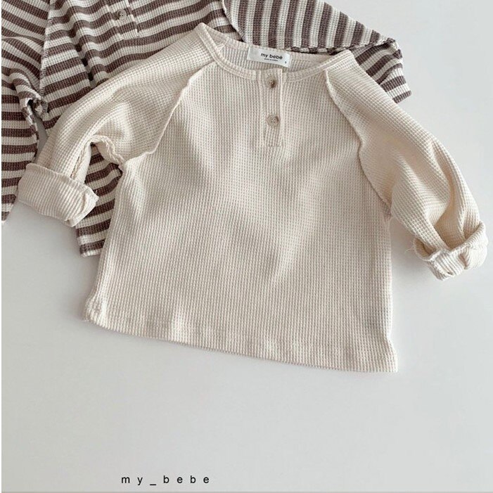 Børn baby piger drenge stribet tøj toddler spædbarn ribbet bomuld langærmet t-shirt med knapper afslappet toppe tøj: Beige / 12m