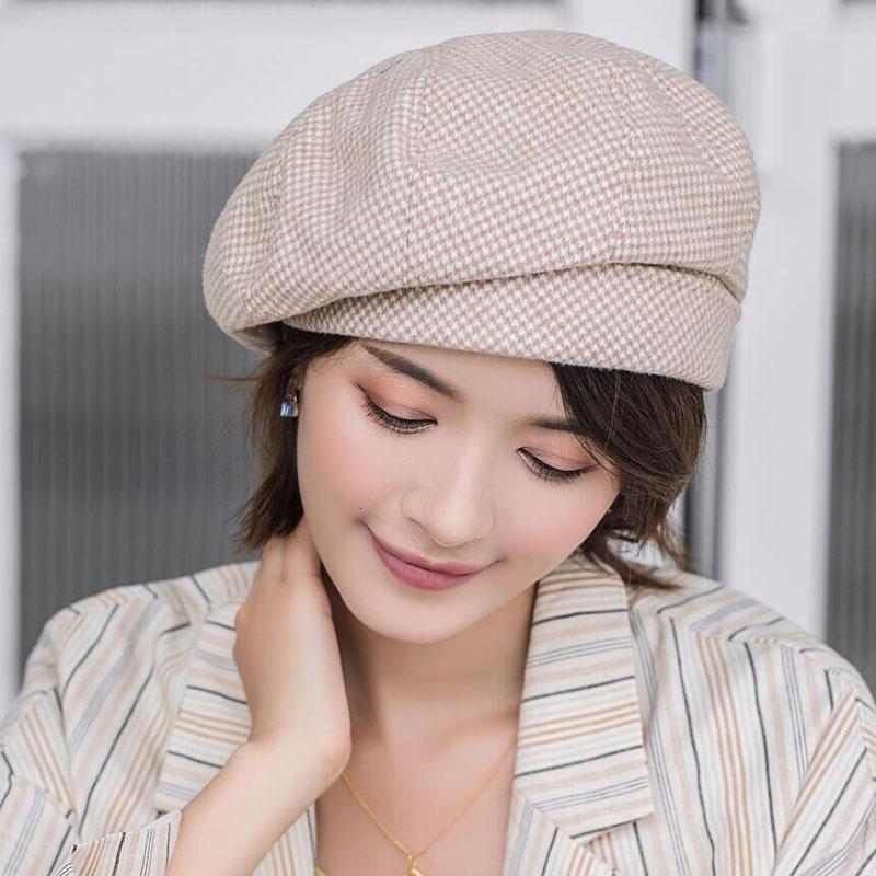 Herfst Winter Hoeden Vintage Houndstooth Baret Vrouwen Cap Dames Katoen Hoed Versie Retro Achthoekige Cap Ritish Schilder Caps: Khaki