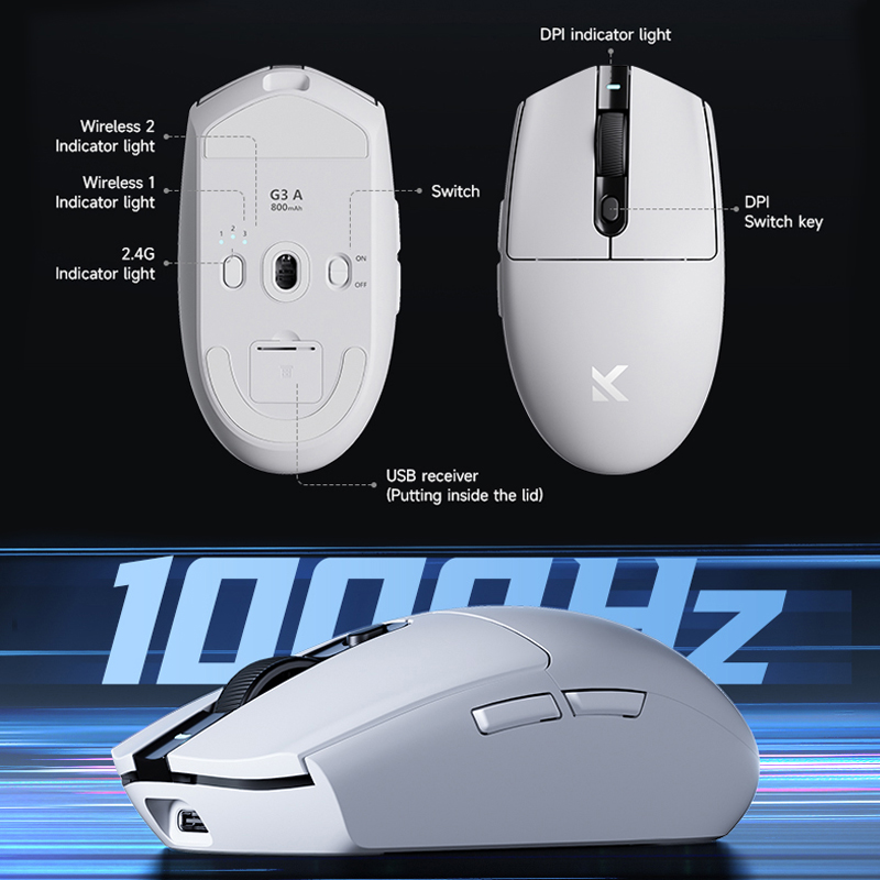 MCHOSE G3 Gaming Mouse Wireless,PAW3311 1K Hz Returns Mouse Bluetooth Tri-Mode Connection 500/800 mAh for Gaming/office