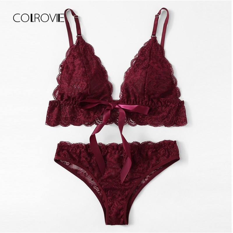 COLROVIE Burgundy Scalloped Trim Lace Lingerie Set Women Bra And Brief Sets Wireless Transparent Sexy Underwear Bra Set