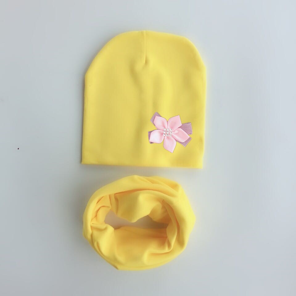 Flicka blomma mössa keps krage halsduk set fluga bomull blomma mössa för flickor fjärilsknut melamed huva 6 månader -3 år: Gul