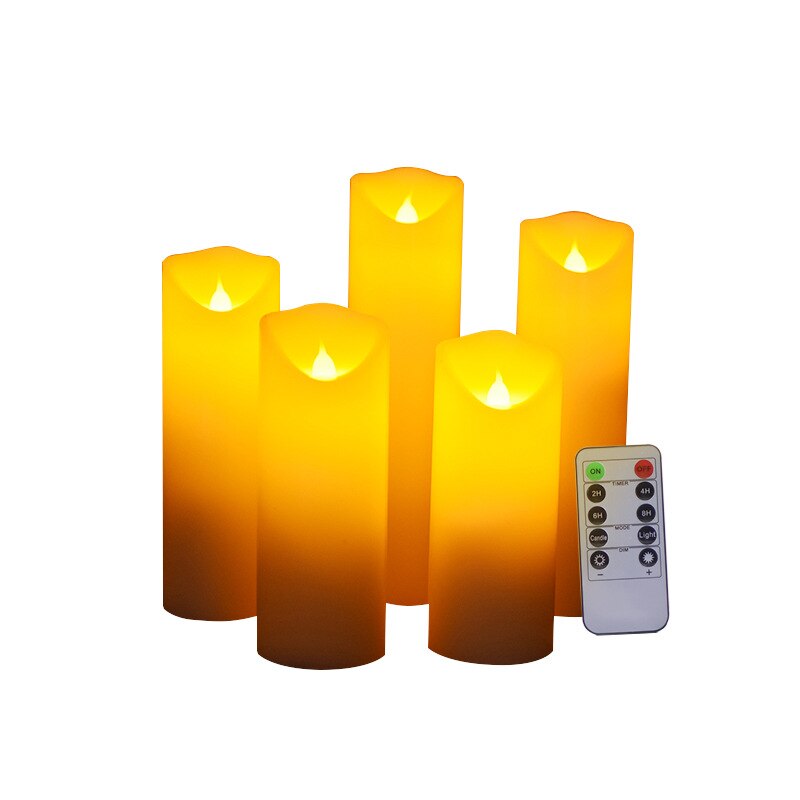 Pack of 5 Flickering Yellow Remote Control LED Flameless Wax Candles,Timer Battery Paraffin Pillar Candles For Dinner Decoration