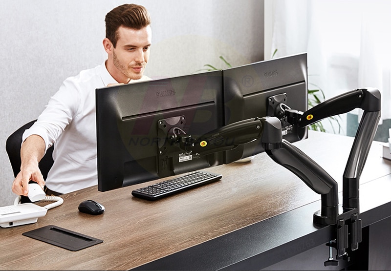 Aluminum Alloy 22-32 inch Dual Monitor Mount Gas Spring Arm Full Motion Monitor Holder Support with 2 USB Ports 3-12kgs NB F195A