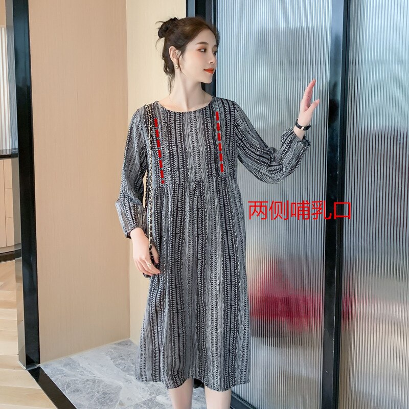 Autumn Plus Size Maternity Long-sleeved Lactation Dress Vintage Nursing Clothes Chiffon Postpartum Women Breastfeeding Dress: has zip nurse grey / XXL