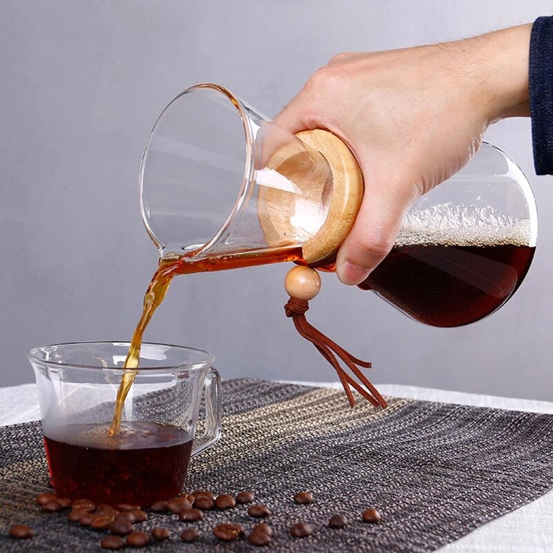 Cafetière en verre résistante avec filtre en acier inoxydable, Anti-brûlure, poignée en bois, cafetière à expresso, outils de Barista