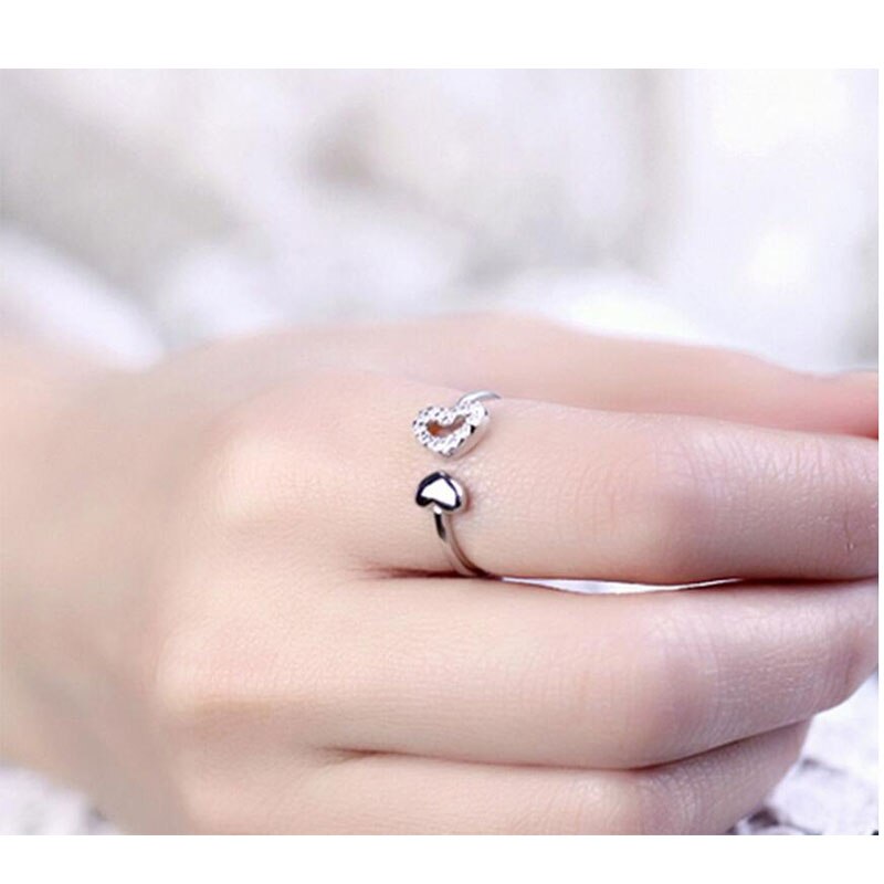 Anenjery Classical Silver Color Double Heart Crystal Rings For Women Wedding Jewelry anel S-R75