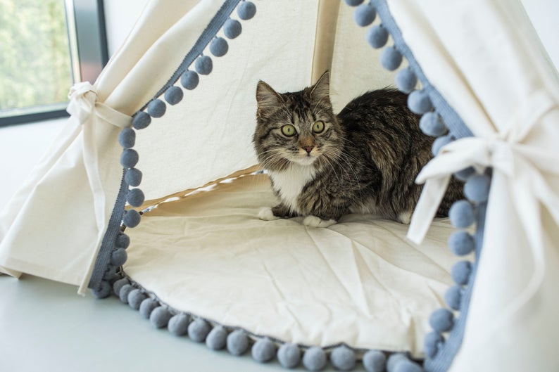 Natural Canvas Pompoms dog teepee pet tent pet teepee tent dog tipi rabbit teepee