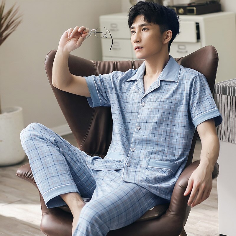 Pijamas de verano para hombre de manga corta con botones, conjunto de Pijamas de algodón para hombre, Conjunto de pijama a cuadros, Conjunto de pijama , trajes de pijama para hombres: 4XL