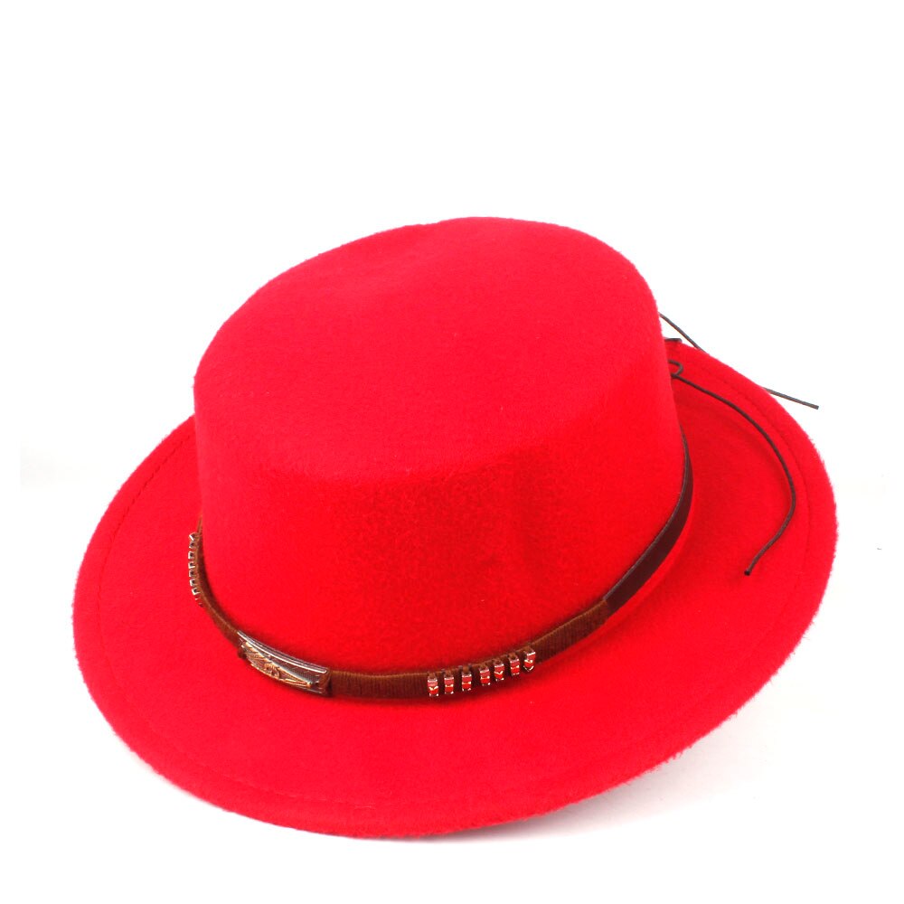Unisex Men Women Flat Top Hat With Belt Retro Fedora Hat Wide Brim Hat Jazz Hat Size 56-58CM: Red
