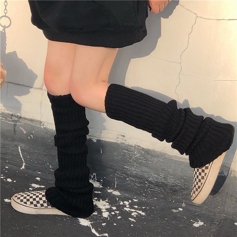 Sfree Punk Solid Black Cool Knit Long JK Socks Women Outdoor Knee High Elastic Leg Warmers Warm Japanese Hip-hop Rock Sock