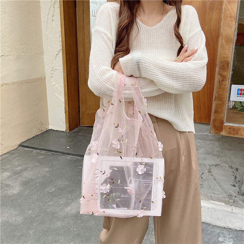 Hylhexyr Female Flower Embroidery Hand Bag Organza Casual Tote Mesh Shopping Bags Woman Handbags