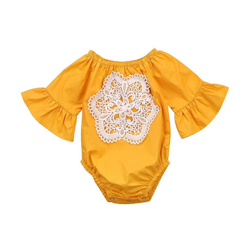 zomer solid baby meisjes kant flare mouwen bodysuit baby Geel: 6m
