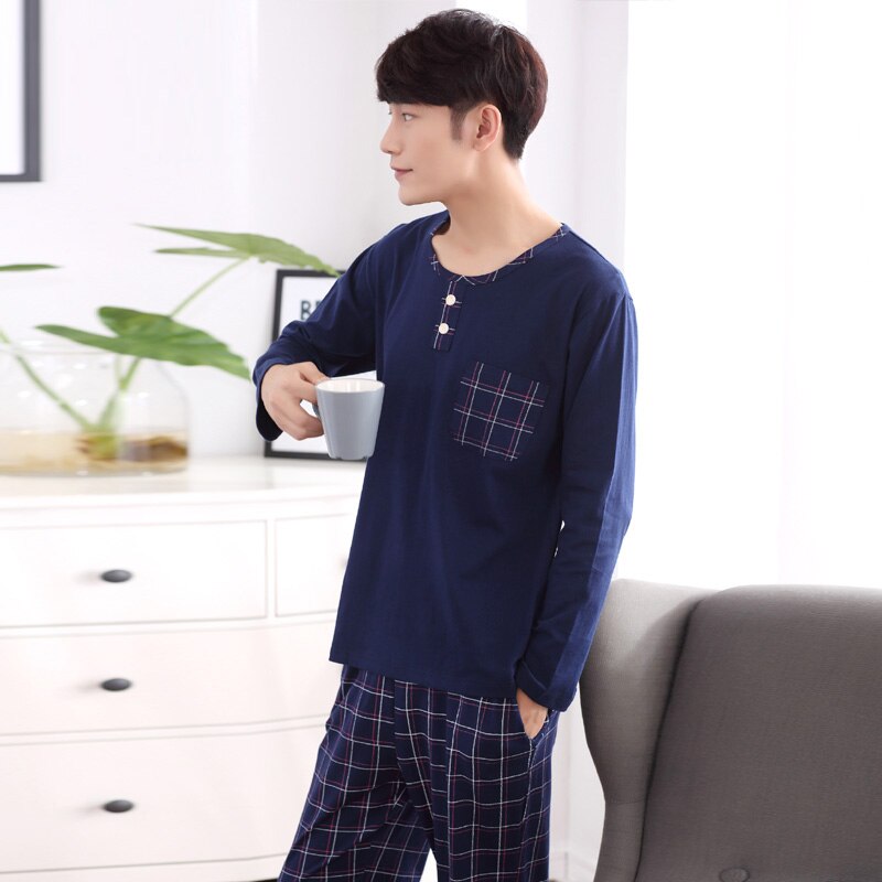 Yidanna mannelijke lange mouw pyjama set voor mannen casual nachtkleding katoen lounge pyjama nachtkleding + gestreepte broek homewear 2 stuk herfst